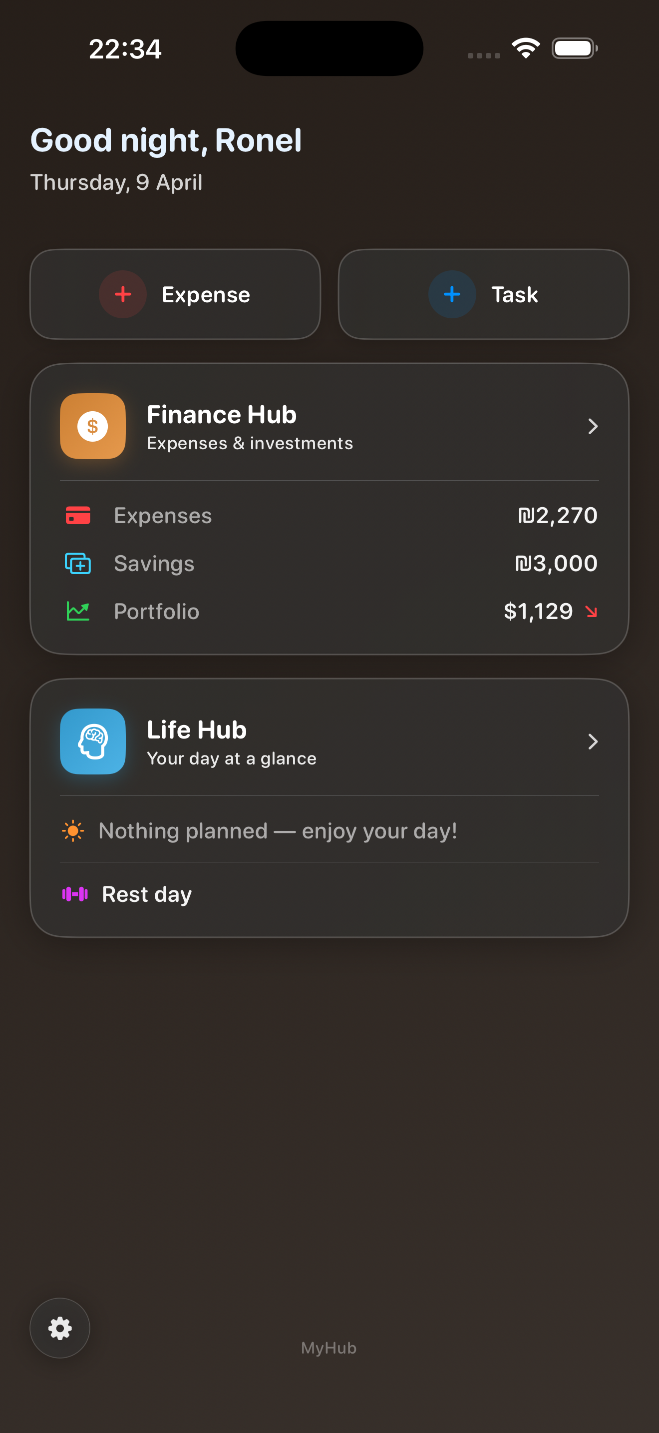 MyHub Home — Finance Hub and Life Hub overview